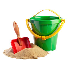 Obraz premium Photo of green plastic bucket and red shovel with wooden handle in sand, isolated on transparent background