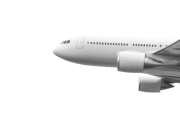 Taking off airplane is captured in clear detail highlighting the wings and engines against a bright white background