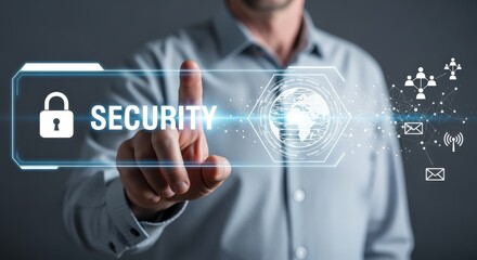 Man interacts with digital security interface, showcasing cybersecurity measures and global network protection on transparent interface
