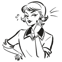 Two fashionable women in a 1950s-inspired black-and-white cartoon style, bold lines, confident poses, one in a skirt suit, the other in a short skirt and sweater, mid-century modern illustration style