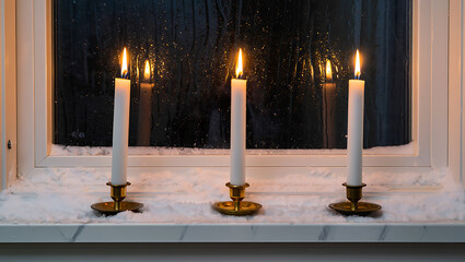 Three lit white taper candles in brass candlesticks on a windowsill at night