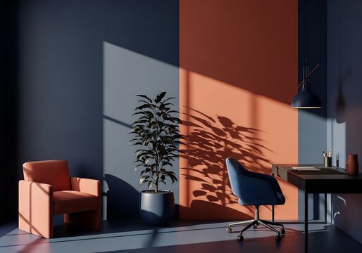 Sunny home office with blue, terracotta walls, and plant shadows