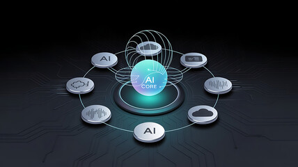 AI Core Conceptual Technology Illustration Showcasing Foundational Artificial Intelligence Principles, Neural Network Architecture, Data Processing Pipelines, Machine Learning Algorithms