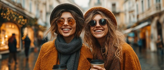 Two young girls are shown in this portrait enjoying themselves while sipping coffee on a city street.