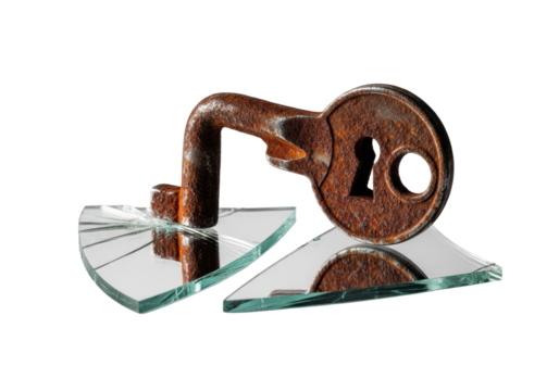 A vintage, bent, rusted metal key on a razor-sharp mirror shard, isolated on transparent, dramatic studio light. Concept of forgotten history and quiet tension