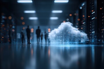 IT professionals collaborate on cloud migration project in data center with advanced technology and digital cloud representation