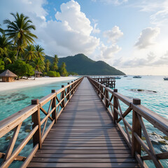 Obraz premium Wooden pier or bridge with tropical beach and sea in paradise island