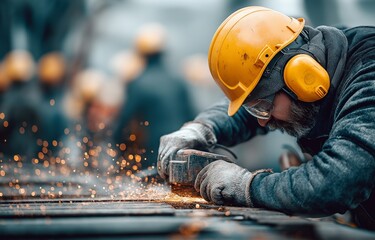When preparing steel plating for grinding, a supervisory construction worker wears a white helmet with side impact rope access safety and yellow noise-damaging earmuffs.