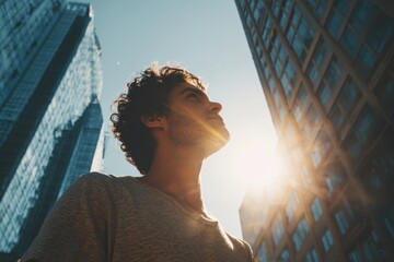 Man gazing upward at a tall building during the day with sunlight reflecting off the glass facade creating a striking urban atmosphere