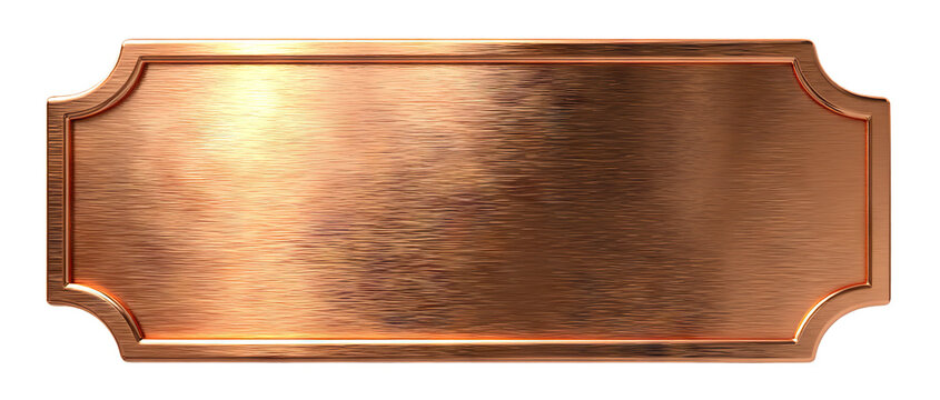 Blank copper nameplate with vintage frame design, isolated on transparent cutout background