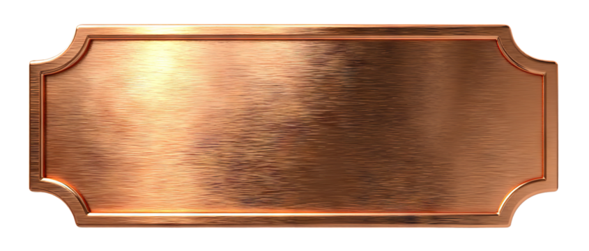 Blank copper nameplate with vintage frame design, isolated on transparent cutout background