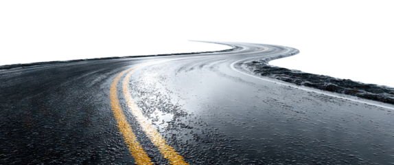 Curved wet asphalt road with yellow lines, isolated on transparent cutout background