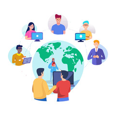 Global Online Communication Network, Remote Collaboration, Digital Teamwork, Virtual Meeting, Diverse People Connecting Worldwide, Internet Technology, Flat Vector ... See More