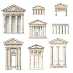 Obraz premium Old building fronts with Greek or Roman columns. These are marble and show classic Greek style. Simple drawings on white. 