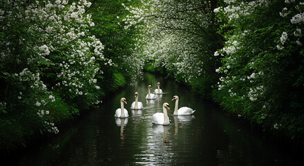 Graceful swans glide through a serene waterway framed by blooming white and green foliage