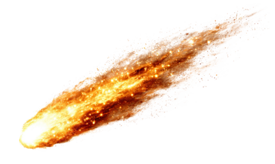 Bright burning meteor flying with fiery trail, isolated on transparent cutout background