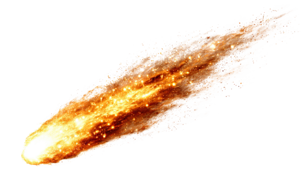 Bright burning meteor flying with fiery trail, isolated on transparent cutout background