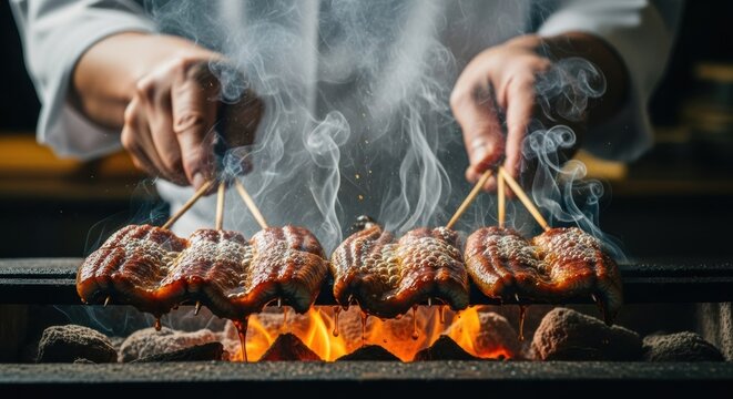 熟練の手によるうなぎ蒲焼きの仕上げ工程