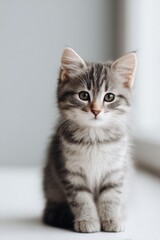 Playful kitten with striking fur pattern poses near window, capt
