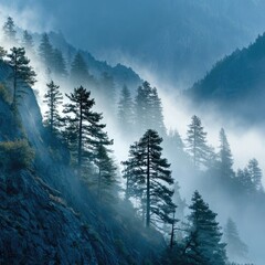 Mountain fog sunrise, pine trees, rocky slope, nature serenity
