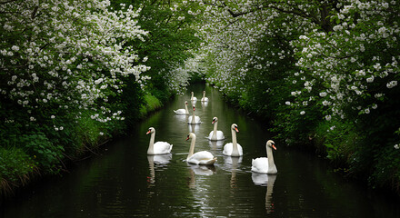 Beautiful Swan Family Gliding Through Blossom Lined Waterway