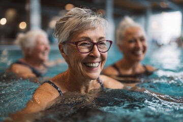 Active senior women participate in aqua fit class, showcasing joy and fitness in a lively pool setting
