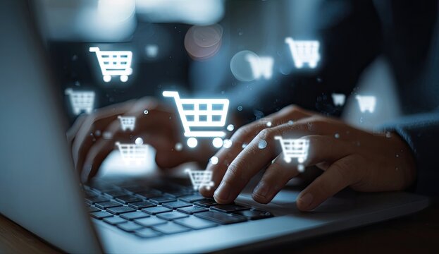 Close-up of hands typing on a laptop, surrounded by glowing shopping cart icons