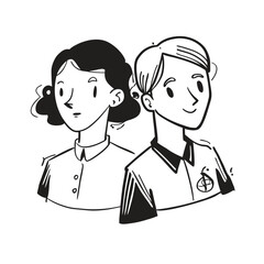 Two fashionable women in a 1950s-inspired black-and-white cartoon style, bold lines, confident poses, one in a skirt suit, the other in a short skirt and sweater, mid-century modern illustration style