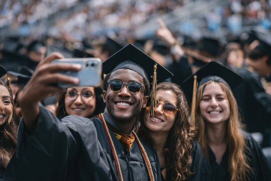 Cheerful graduate takes a selfie in a lively graduation ceremony at a large stadium on a sunny day celebrating academic achievement with friends