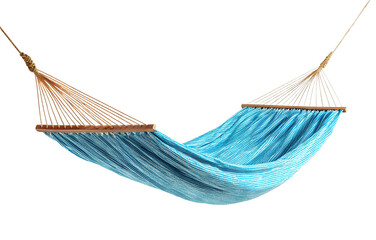 Blue fabric hammock hanging with ropes, isolated on transparent cutout background