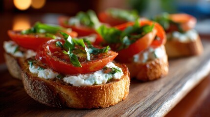 Delicious Bruschetta Appetizers with Tomato, Basil, and Cheese on Toasted Bread, Presented on Wooden Board