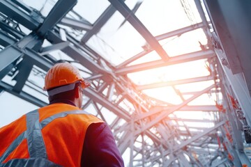 Fototapeta premium Architect engages in detailed inspection of construction site focusing on gigapixel standards in a modern structure during daylight hours