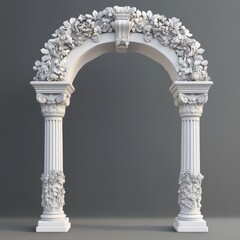 Naklejka premium Old Roman arch made from white clay with fancy designs. A 3D picture shows Greek stone pillars like those used for temple doors or windows. It's an old-fashioned, classic arch. 