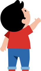 Boy looking up and stretching his hand upwards. Cute child pointing at something. Children's concept of educational material.