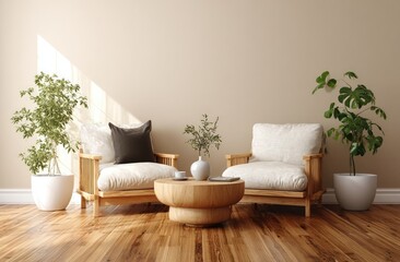 Beige, light wooden living room