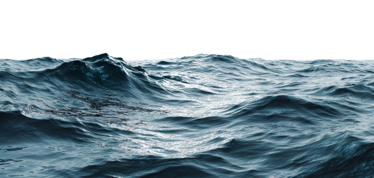 Blue ocean surface with rolling waves, isolated on transparent cutout background