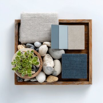 Coastal palette mood board, design samples in tray