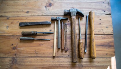 Collection of vintage woodworking tools on a wooden surface