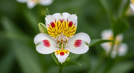 Vibrant white peruvian lily blossom with yellow and red details blooms outdoors surrounded by green blurred foliage in spring season garden
