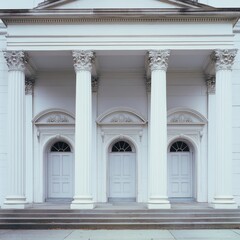 Fototapeta premium Old white building with fancy columns. It has three curved doorways. A simple picture. [34595d0e-0ac2-41cf-94ef-25db6da25b9d] --v 6.1 Job ID: 6cf6f1fe-5367-42a2-847b-3297a19d35b7