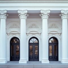 Obraz premium Old white building with fancy columns. It has three curved doorways. Simple picture. [da50b4bd-44b3-4d99-af11-8c2ce4040ea9] --v 6.1 Job ID: a0b121c8-e9dd-42d6-b5c6-087ff260621e