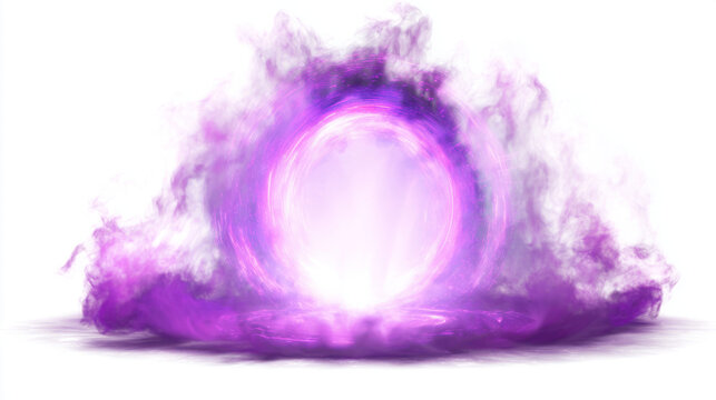 Glowing purple portal with swirling magical smoke and rays, white background
