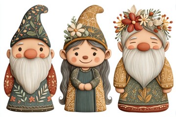 Fototapeta premium Whimsical Autumn Gnomes Illustration with Floral Accents