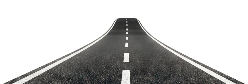 Straight asphalt road with white lines, isolated on transparent cutout background