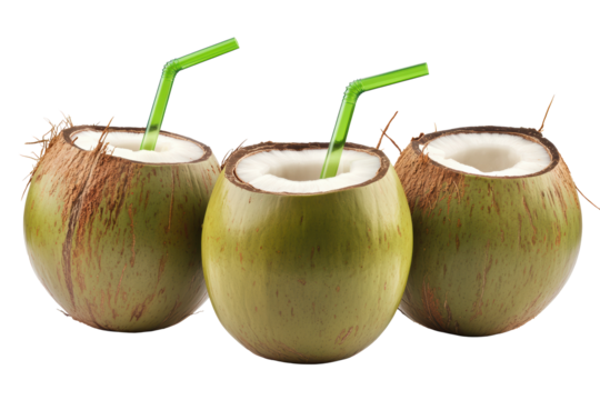 Fresh green coconuts with straws for drinking
