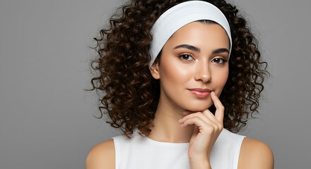 Woman with curly hair wearing a white headband and sleeveless top