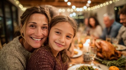 Woman and girl child smiling together at family dinner table during Thanksgiving celebration  