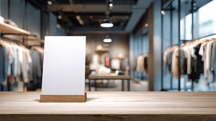 Blank Signage Mockup on Wooden Table in Fashion Store Boutique for Advertising and Promotion