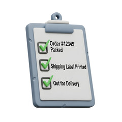 Order Tracking Checklist: 3D Rendering of a Clipboard Confirming Package Delivery Steps