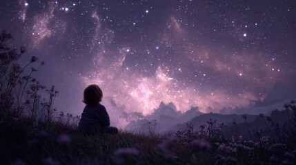 Fototapeta premium Child Gazing at the Milky Way: A Nighttime Scene of Wonder and Serenity